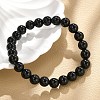 Natural Dyed & Heated Black Agate Round Beaded Stretch Bracelets BJEW-F203-09-1