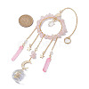 Natural Rose Quartz Chip Pendant Decorations with Brass Moon & Cable Chain & Electroplated Quartz Crystal Tassel HJEW-JM01650-04-3