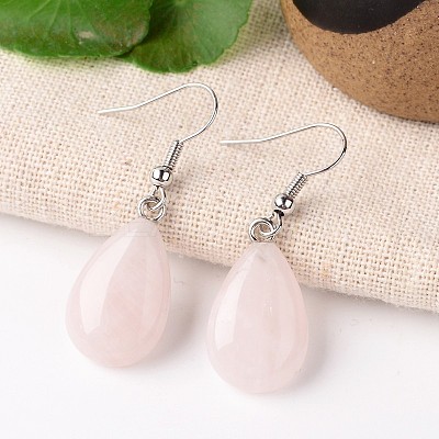 Natural Rose Quartz Teardrop Dangle Earrings EJEW-J089-04-1