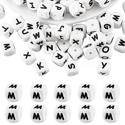 20Pcs White Cube Letter Silicone Beads 12x12x12mm Square Dice Alphabet Beads with 2mm Hole Spacer Loose Letter Beads for Bracelet Necklace Jewelry Making JX432M-1