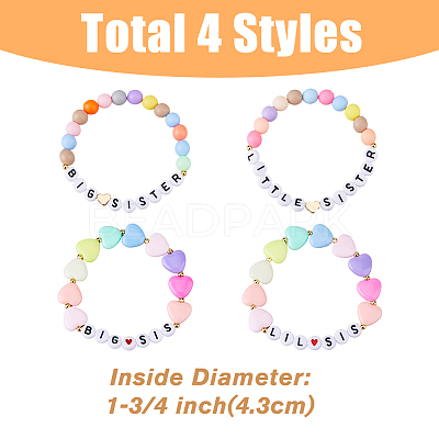 4Pcs 4 Styles Word Big Little Sis Acrylic Heart Beaded Stretch Bracelets Set BJEW-FI0001-54-1