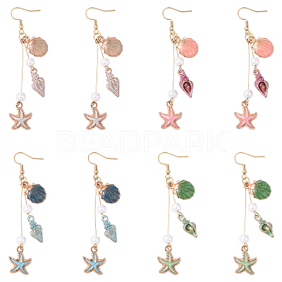 304 Stainless Steel Starfish with Shell Shape Dangle Earrings EJEW-YW00012-01-1
