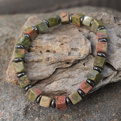 Cube Natural Unakite & Synthetic Non-magnetic Hematite Beads Stretch Bracelets for Women Men PF6426-4-1
