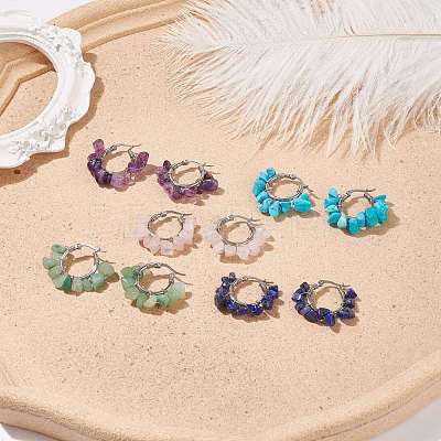 Natural Gemstone Chips Braided Hoop Earrings EJEW-JE04985-1