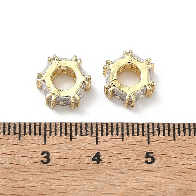 Hexagon Brass Clear Cubic Zirconia European Beads KK-D228-06G-1