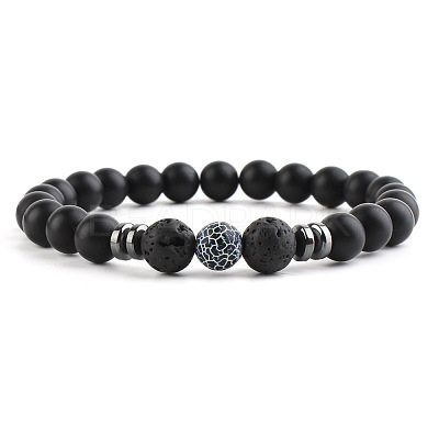 Round Natural Crakled Black Agate Beaded Stretch Bracelets for Women Men XP2963-5-1