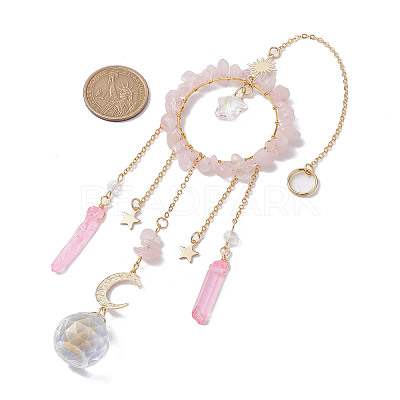 Natural Rose Quartz Chip Pendant Decorations with Brass Moon & Cable Chain & Electroplated Quartz Crystal Tassel HJEW-JM01650-04-1