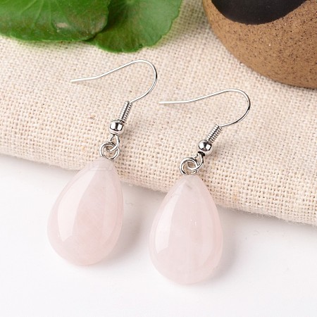 Natural Rose Quartz Teardrop Dangle Earrings EJEW-J089-04-1