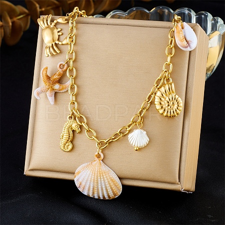 304 Stainless Steel & Natural Cowrie Shell Pendant Bib Necklaces for Women NJEW-A050-02G-1