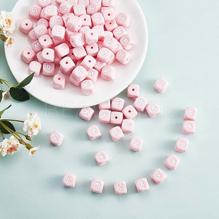 20Pcs Pink Cube Letter Silicone Beads 12x12x12mm Square Dice Alphabet Beads with 2mm Hole Spacer Loose Letter Beads for Bracelet Necklace Jewelry Making JX435O-1