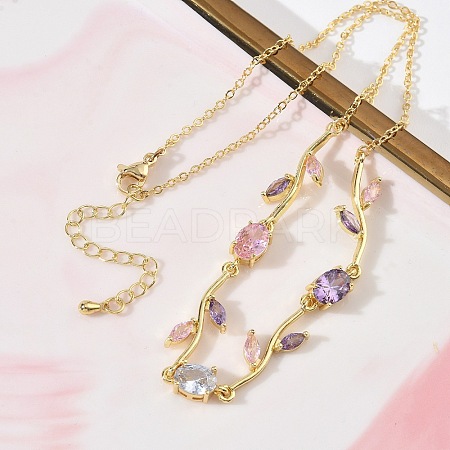 Brass Pave Cubic Zirconia Rose Flower Link Cable Chain Necklaces for Women NJEW-C121-05A-01G-1