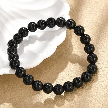 Natural Dyed & Heated Black Agate Round Beaded Stretch Bracelets BJEW-F203-09-1