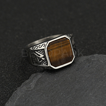 304 Stainless Steel with Natural Tiger Eye Finger Rings FS-WG06E27-17-1