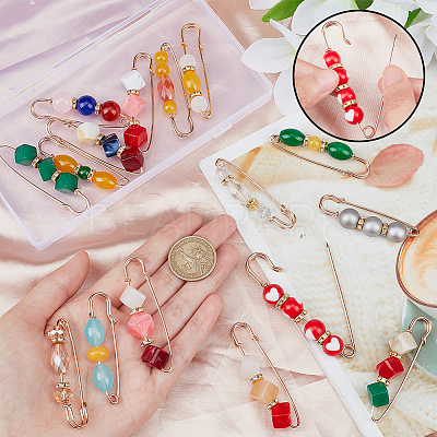 16Pcs 16 Style Resin Imitation Gemstone & Crystal Rhinestone Beaded Safety Pin Brooches JEWB-PH0001-27-1