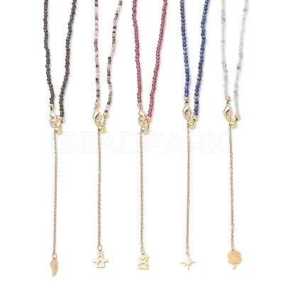 2.5MM Faceted Round Natural Tourmaline & Fluorite & Garnet & Obsidian & Lapis Lazuli Beaded Lariat Necklaces NJEW-JN05874-1