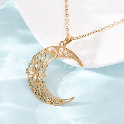 304 Stainless Steel Hollow Flower Moon Pendant Cable Chain Necklaces for Men Women NJEW-K308-01A-G-1