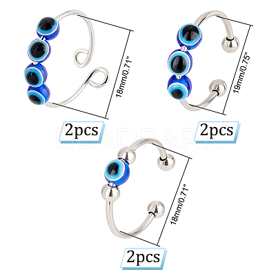 6Pcs 3 Style Resin Evil Eye Spinning Beaded Open Cuff Rings Set RJEW-PH0001-10-1