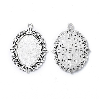 Tibetan Style Antique Silver Alloy Flat Oval Pendant Cabochon Settings X-TIBEP-M022-20AS-1