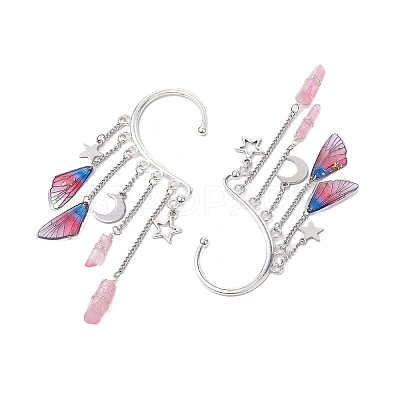 Wing Resin & Natural Quartz Crystal Points Beaded Dangle Earrings EJEW-TA00523-1