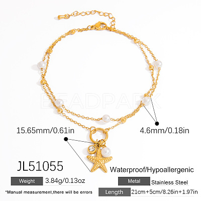 Summer Beach 304 Stainless Steel Pave Clear  Cubic Zirconia & White Round Plastic Pearl Charm Double Layer Anklets FS-WG119D8-02-1
