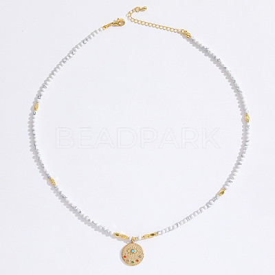 Stainless Steel Evil Eye Pendant Faceted Round Synthetic Howlite Beaded Necklaces for Women Ion Plating(IP) JF6983-4-1