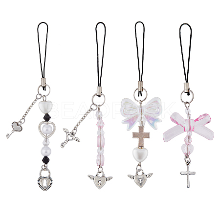 Acrylic Bowknot Heart Pearl Mobile Straps HJEW-PH01890-1