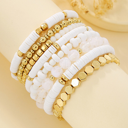 8Pcs Polymer Clay Heishi & CCB Plastic & Glass Beaded Stretch Bracelets Set For Women FS-WGAEA5C-02-1