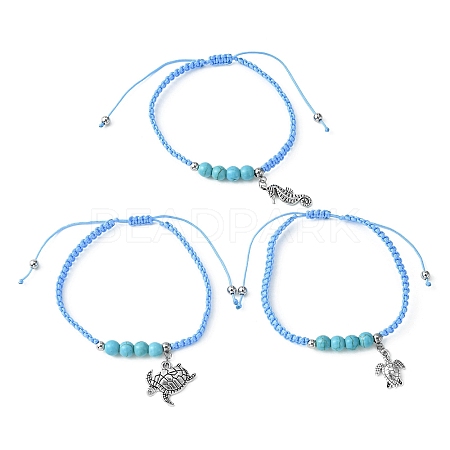 3Pcs 3 Style Turtle & Sea Horse Alloy Charm Bracelets Set BJEW-JB09523-1