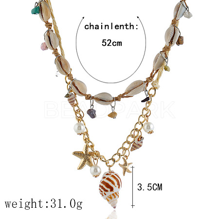 Bohemian Natural Shell & Alloy Starfish & Plastic Pearl Pendant Raffia Cord Double Layer Necklaces for Women FS-WG267BD-02-1