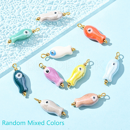 10Pcs Evil Eye Fish Shaped Glazed Porcelain Pendants PALLOY-YW00086-07-1