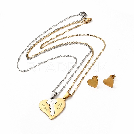 Heart & Key Couple Pendant Necklaces & Stud Earrings SJEW-E045-03GP-1