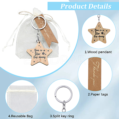 20Pcs Plywood Alloy Star Keychains KEYC-BM0001-01-1