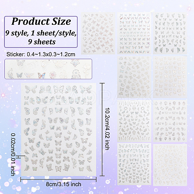 9 Sheets 9 Colors Laser Silver Nail Decals Stickers MRMJ-OC0003-63-1