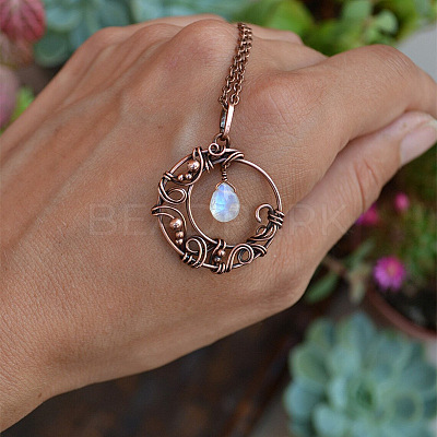 Copper Wire Wrapped Moon with Synthetic Moonstone Drop  Pendant Necklaces FS-WG5A52F-01-1