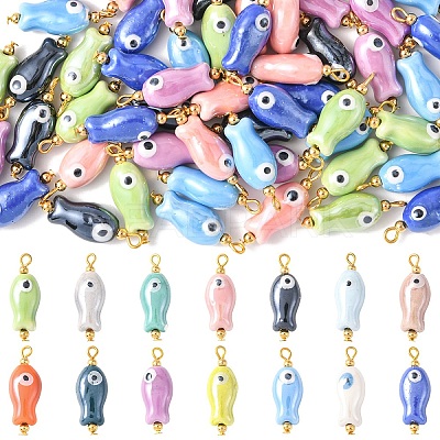10Pcs Evil Eye Fish Shaped Glazed Porcelain Pendants PALLOY-YW00086-01-1