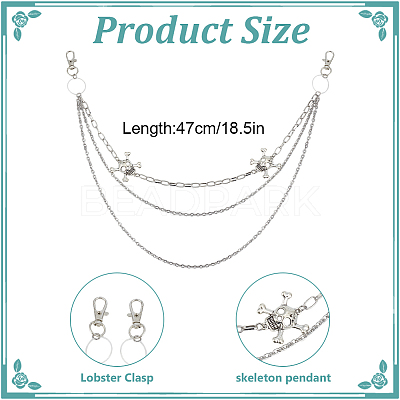 304 Stainless Steel Skull 3 Layer Chain Belts for Jeans Pants HJEW-DR00159-1