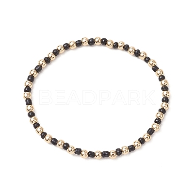 3Pcs Bohemian Style Glass Seed Beaded and Brass Beaded Stretch Bracelets for Women BJEW-JB11799-1