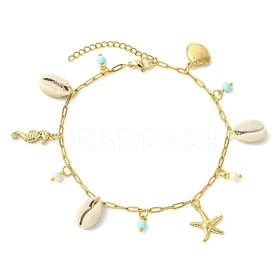 Ocean Natural Cowrie Shell & 304 Stainless Steel Starfish & Dyed Round Natural Howlite Charm Anklets for Women AJEW-AN00819-1
