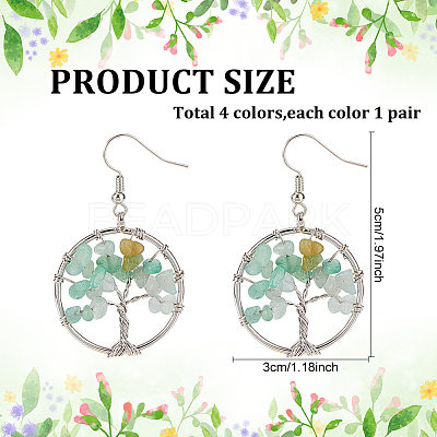 4 Pairs 4 Style Natural Mixed Gemstone Chips Tree of Life Dangle Earrings EJEW-AN0002-48-1