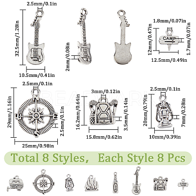 64Pcs 8 Style Camping Theme Tibetan Style Alloy Pendants FIND-SC0008-57-1