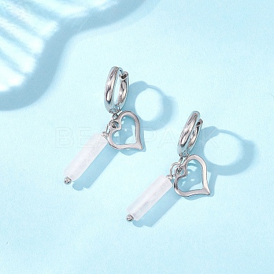 304 Stainless Steel Rose Quartz Column Hoop Earrings EJEW-JE06791-02-1