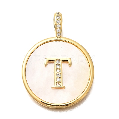 Rack Plating Brass Micro Pave Clear Cubic Zirconia Pendants with Shell KK-M309-42G-T-1
