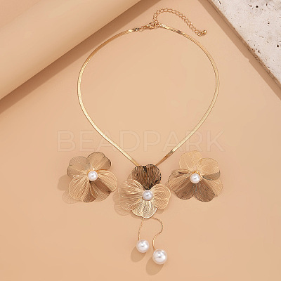 Flower Alloy & Plastic Pearl Pendant Necklace & Stud Earring Sets FS-WG43B4A-07-1