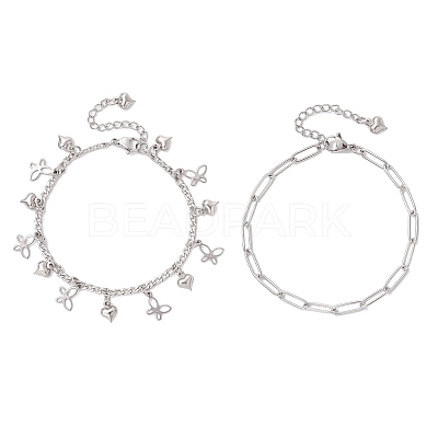 304 Stainless Steel Paperclip & Figaro Chain Bracelets for Women BJEW-JB12445-04-1
