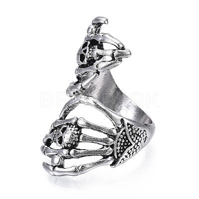 Gothic Punk Skull Hand Alloy Open Cuff Ring for Men Women RJEW-T009-57AS-1