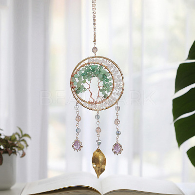 Brass Wire Wrapped Natural Green Aventurine Chips Tree of Life Pendant Decorations HJEW-D302-07A-1