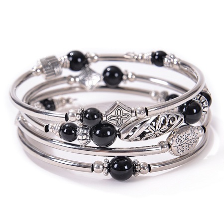 2Sets 2Pcs Bohemian Multi-Layered Natural Dyed & Heated Black Agate Wrap Bracelet Women's Jewelry MV3343-10-1