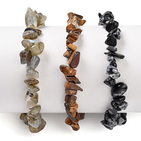 Chips Natural Labradorite & Snowflake Obsidian & Tiger Eye Beaded Stretch Bracelets Sets BJEW-JB05332-05-1