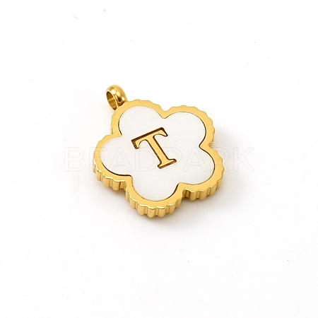 Golden Tone Stainless Steel Pave White Shell Letter Flower Charms PW-WGC5230-20-1
