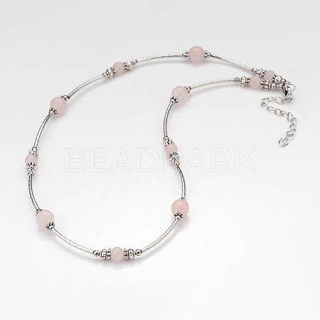 Brass Tube Beads & Natural Rose Quartz Beaded Necklaces X-NJEW-JN01193-02-1